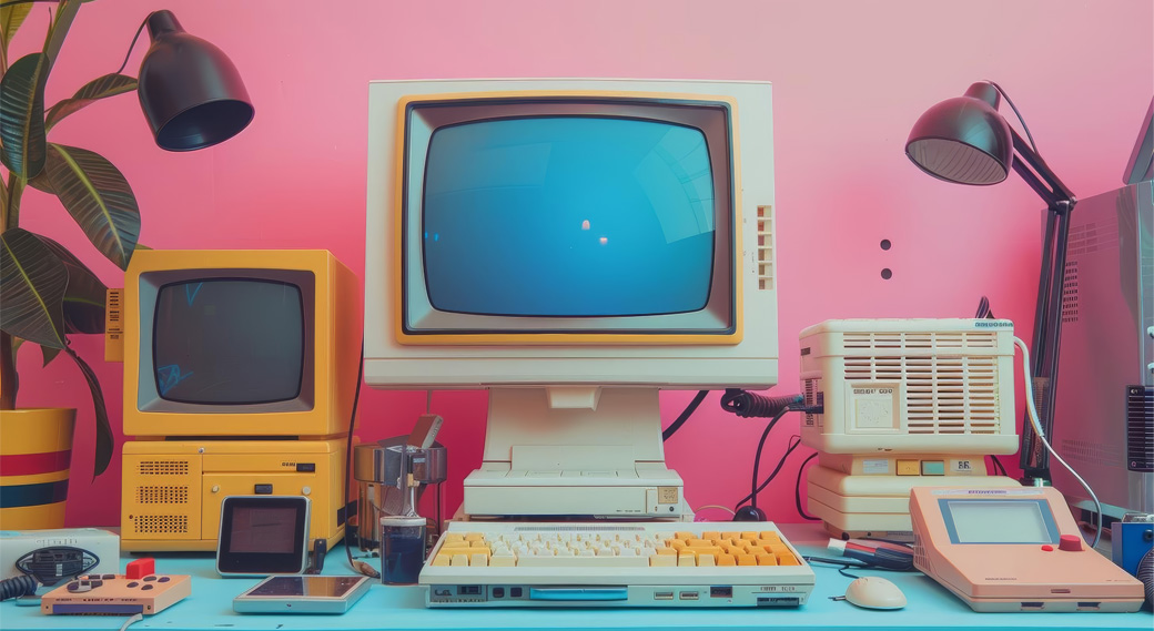 A vintage computer setup on a blue table against a pink background