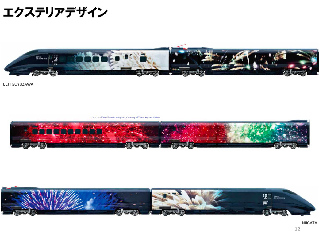 現美新幹線の初期のエクステリアデザイン。「夏の夜空を彩る長岡の花火」を蜷川さんが撮影した写真でダイナミックに描き出した